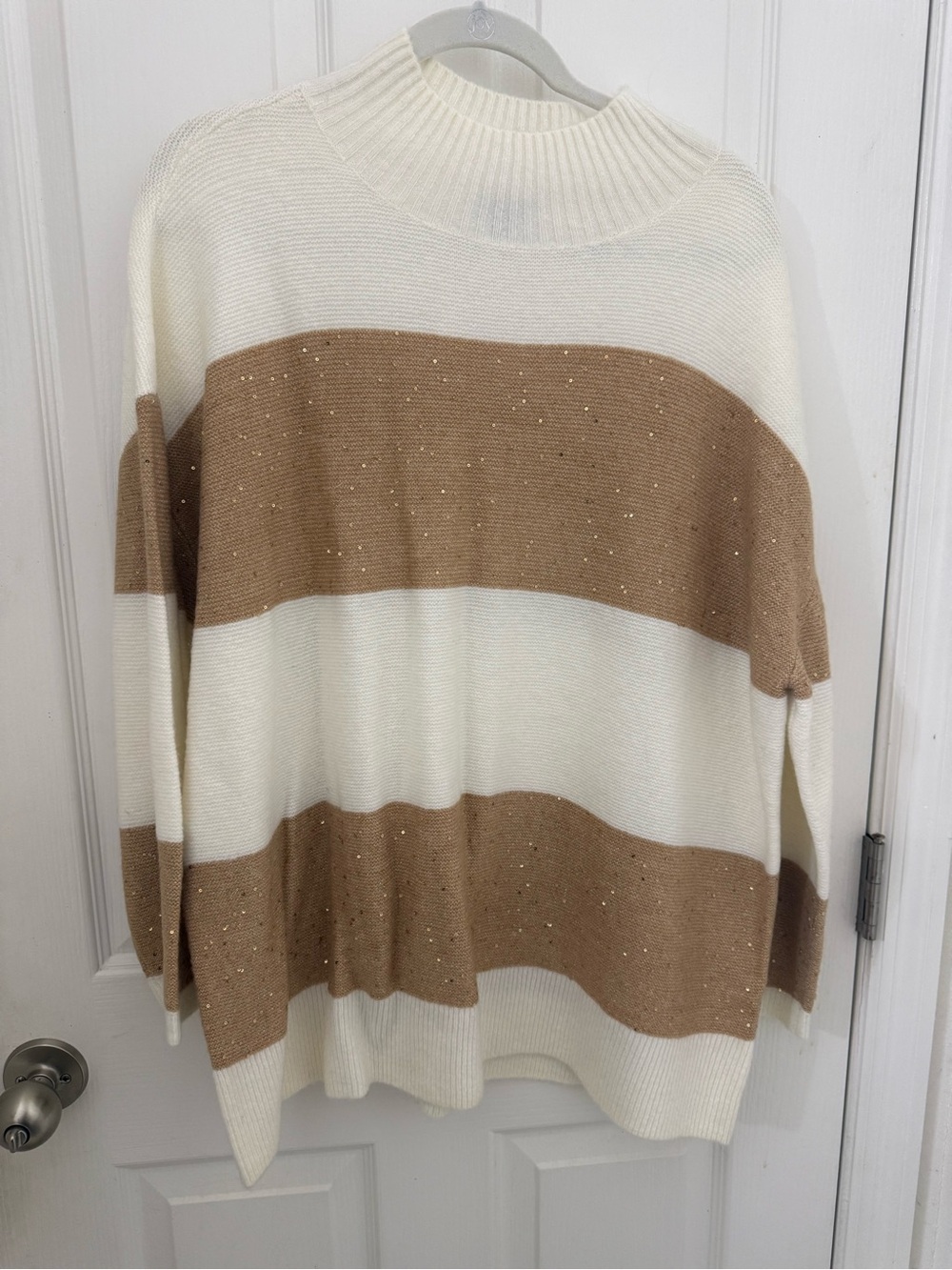 Talbots Cream and Brown Striped Mock Neck Sweater. Size 2X.